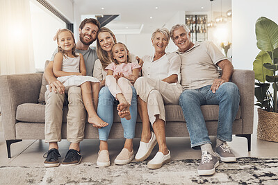 Buy stock photo Big family, happy and portrait in home living room, support and bonding together. Parents, grandparents and kids smile on sofa for connection, love children and care in healthy relationship in house