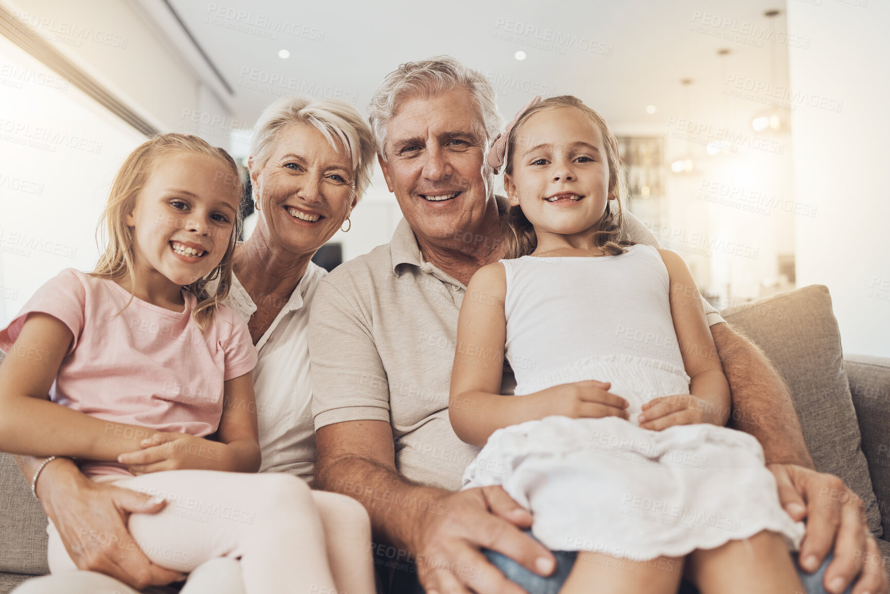 Buy stock photo Smile, grandparents and kids in portrait in home living room, support and bonding together. Happy children, grandmother and grandfather on sofa for connection, love and family in healthy relationship