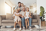 Big family, smile and portrait in home living room, support and bonding together. Happy parents, grandparents and kids on sofa for connection, love children and care in healthy relationship in house