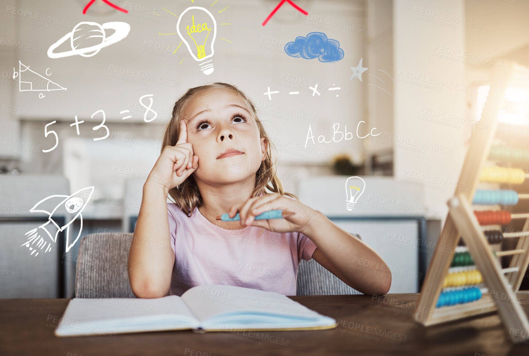 Buy stock photo Child, thinking and homework with light bulb for learning math, numbers and creative ideas or solution at home. Girl or kid with school book and education doodle, brainstorming or imagination overlay