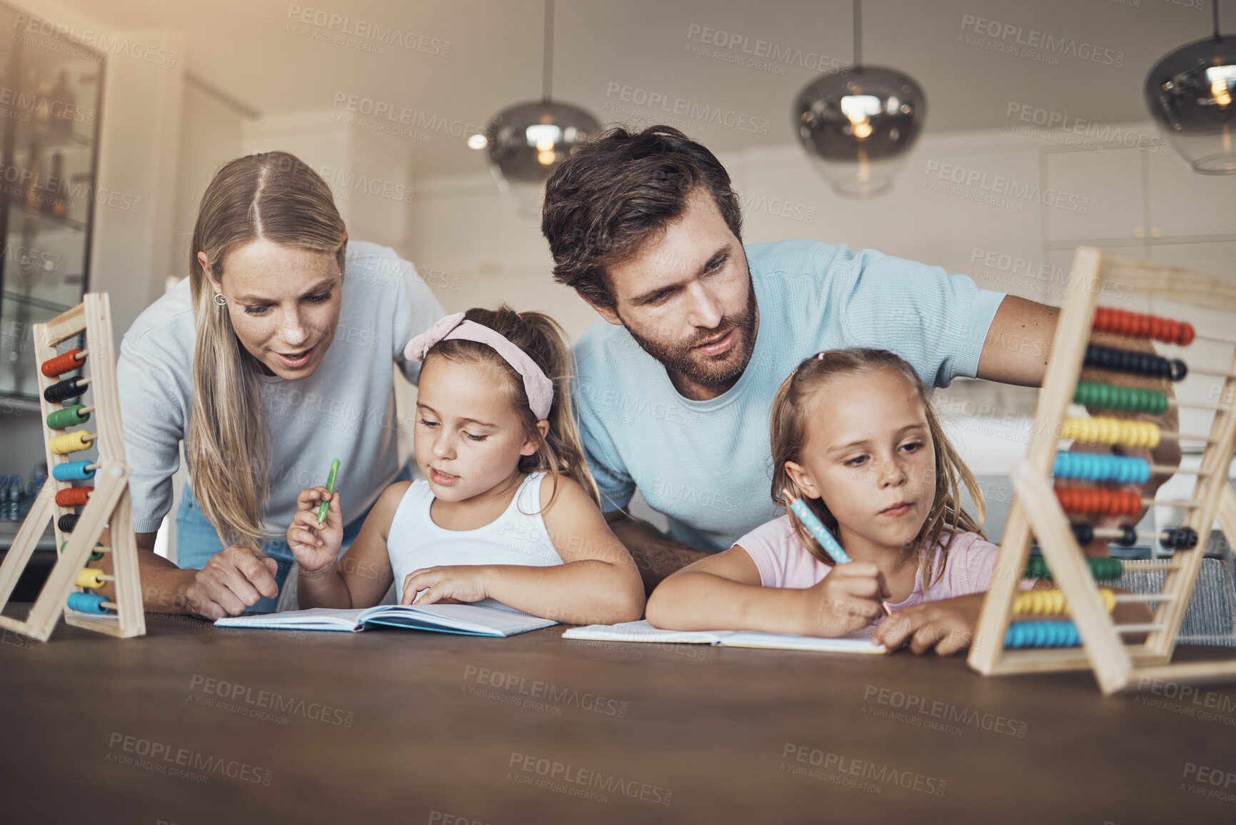 Buy stock photo Family, parents help kids and education, math and abacus for learning with homework, writing and counting at home. Teaching, support and notebook, young girl children with man and woman for knowledge