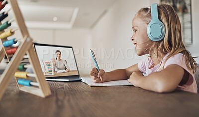 Buy stock photo Home, laptop and girl with knowledge, online class and headphones with connection, remote school and studying. Person, student and child with headset, pc and elearning with virtual teaching and smile