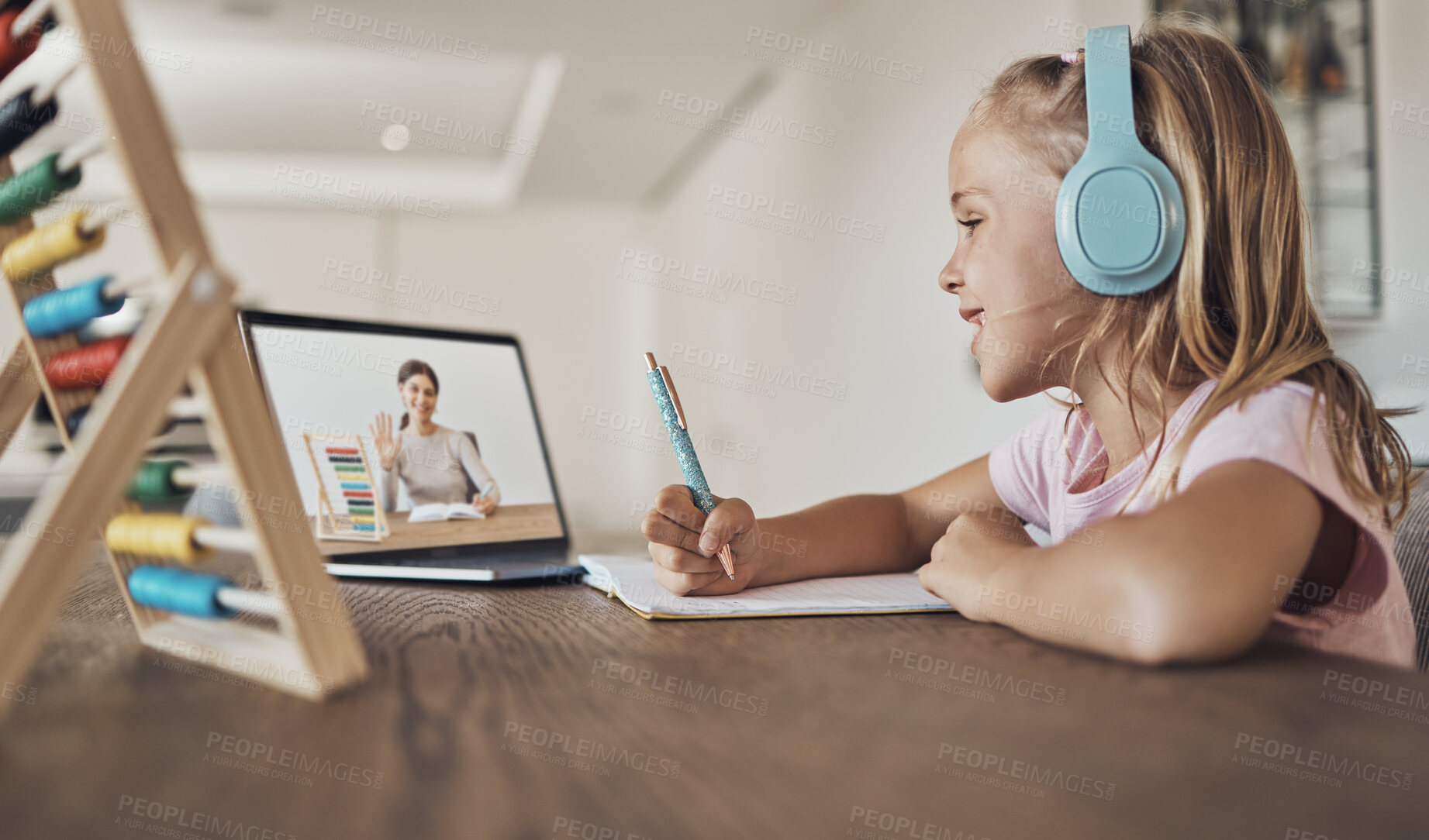 Buy stock photo Home, laptop and girl with knowledge, online class and headphones with connection, remote school and studying. Person, student and child with headset, pc and elearning with virtual teaching and smile