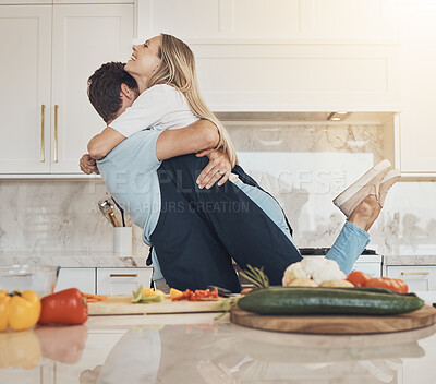 Buy stock photo Cooking, hug or happy couple with love or food for a healthy vegan diet, supper or meal together at home. Smile, laugh or woman in kitchen to bond with wellness or man at dinner for lunch or support