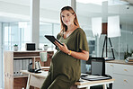 Portrait, tablet and a pregnant woman in her office at the start of her maternity leave from work. Business, tech and pregnancy with a happy young employee or mother in the workplace for research