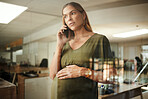 Cellphone call, communication and professional pregnant woman consulting on development plan. Office glass window, pregnancy and maternity person networking, chat and contact mobile smartphone user