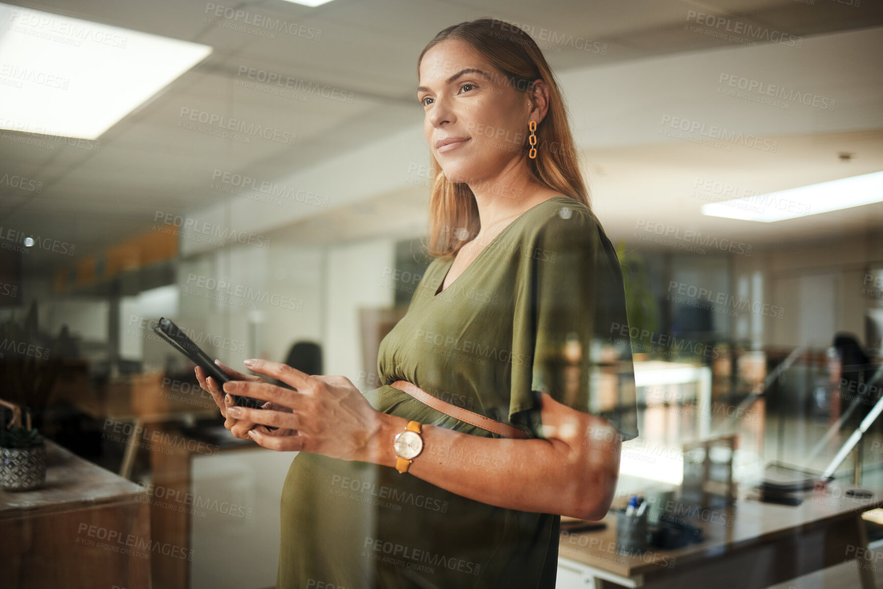 Buy stock photo Woman, thinking and smartphone with smile in office for business, networking or ideas for marketing or pregnant. Person, phone and happiness at work for communication, conversation or internet chat