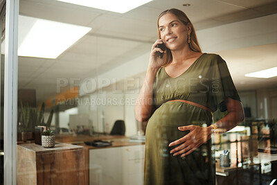Phone call, conversation and pregnant business woman consulting, talking and speaking about company project. Glass window, pregnancy and maternity person networking, chat and contact cellphone user