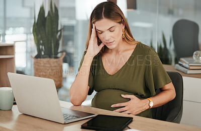 Buy stock photo Stress, headache and pregnant woman with laptop in office with vertigo, tension or pain. Pregnancy, burnout and female manager with brain fog, low energy or anxiety while online on project proposal