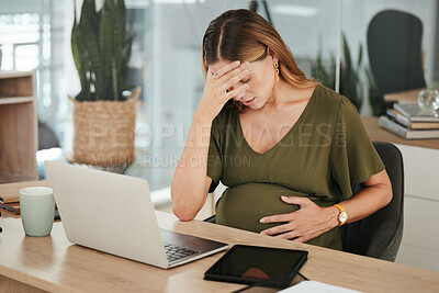 Buy stock photo Woman, office and pregnant with stress, headache and laptop at work, burnout and workplace. Maternity, employee and pregnancy with hand on stomach, pain and tired for baby, working and healthcare