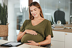 Woman, office and pregnant with hands, stomach and smile for think company and workplace. Belly, employee and pregnancy in career, work and job with love, affection and care for baby, closeup or mom