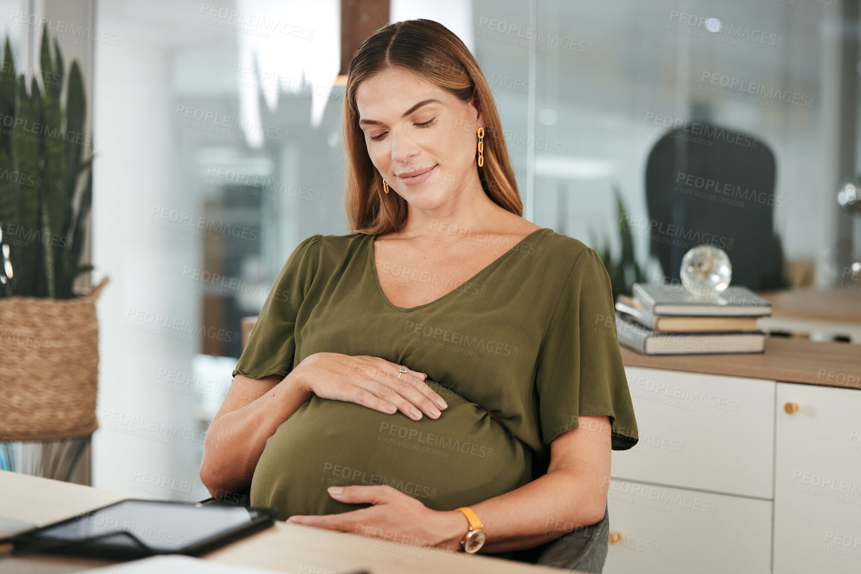 Buy stock photo Woman, office and pregnant with hands, stomach and smile for thinking, company and workplace. Belly, employee and pregnancy in career, work and job with love, affection and care for baby or kick