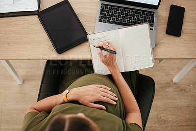 Buy stock photo Schedule, notes or pregnant woman writing on notebook at work for project, planning or company agenda. Business startup, top view or secretary or receptionist with a strategy, brainstorming or ideas