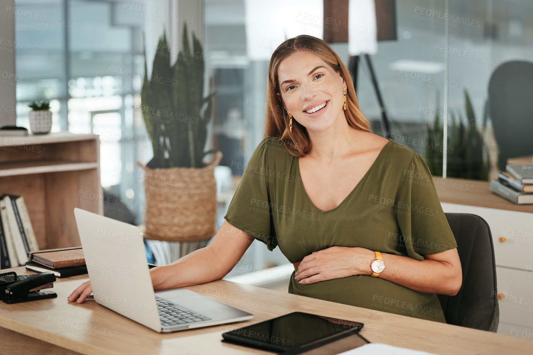 Buy stock photo Laptop, portrait or happy pregnant woman in office on social media, website or internet for research. Maternity, desk or confident manager with pregnancy, smile or networking technology in workplace