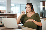 Pregnant, woman and working in call center, office or hand on stomach in telecom workplace. Consultant, pregnancy and talking in company and planning maternity for health and wellness in business