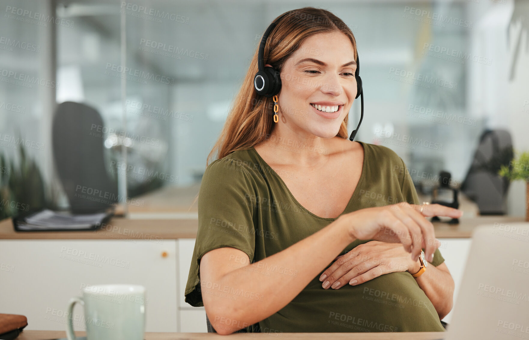 Buy stock photo Laptop, smile and a pregnant woman in a call center for customer service or support with a headset. Tech, pointing and pregnancy with a happy young business employee in the workplace as a mother