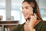 Woman, smile and headset, callcenter and contact us with phone call, communication and customer service. Telecom, help desk and consultant with mic, CRM or advice with technology and telemarketing