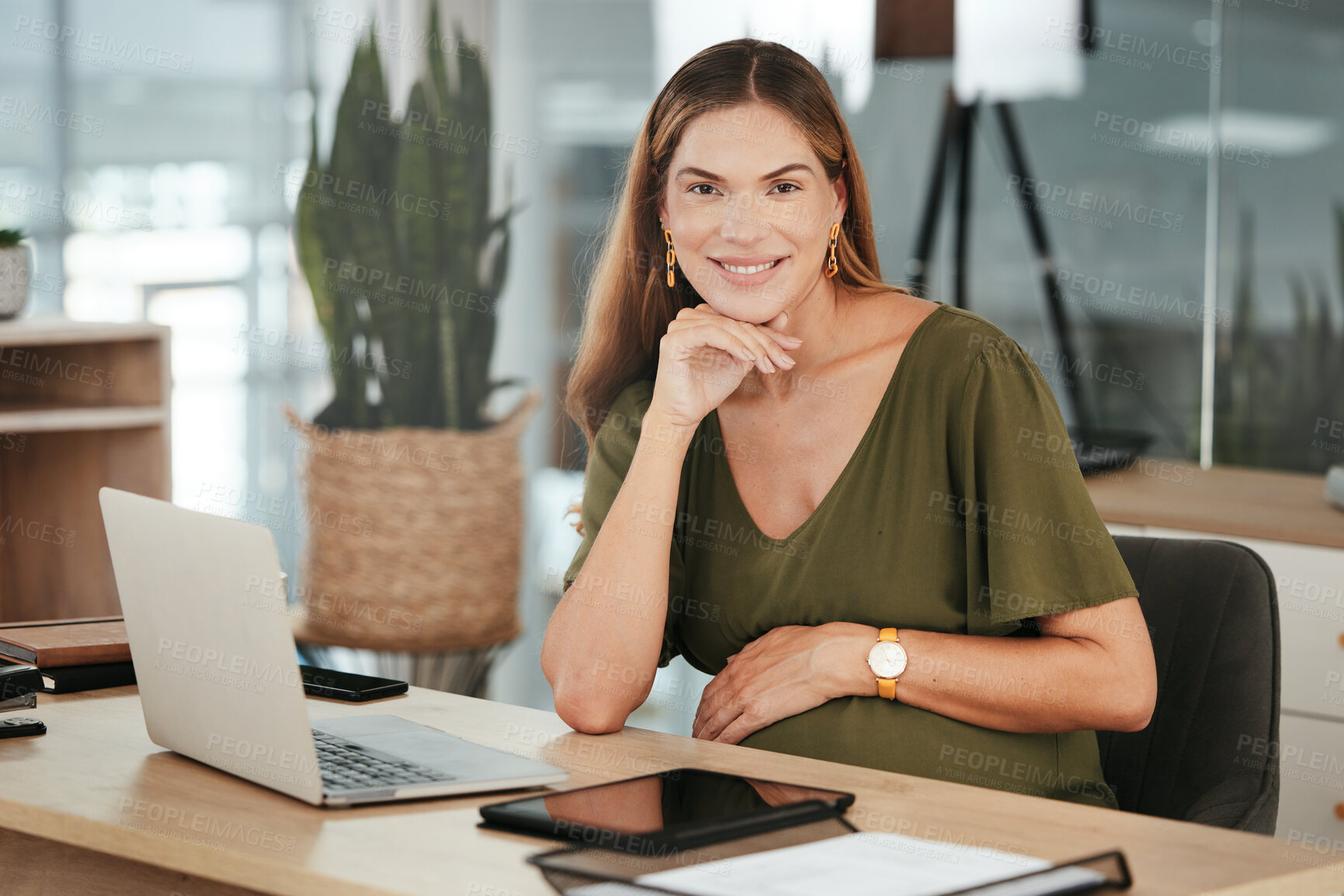 Buy stock photo Portrait, laptop and a pregnant business woman in her office at the start of her maternity leave from work. Computer, smile and pregnancy with a happy young employee in the workplace for motherhood