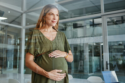 Buy stock photo Pregnancy, thinking and happy business woman in office, vision and startup company. Pregnant, smile and professional touch abdomen, mother with hope for future baby and child expectation in workplace