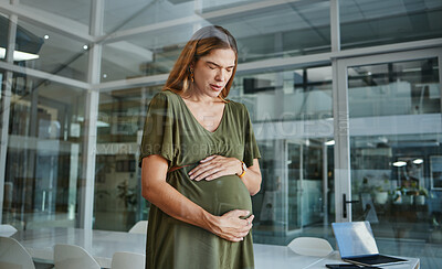 Buy stock photo Pregnancy, pain and business woman in office with contractions or muscle tension in startup company. Pregnant, discomfort and professional touch abdomen, strain and fatigue of mother in workplace