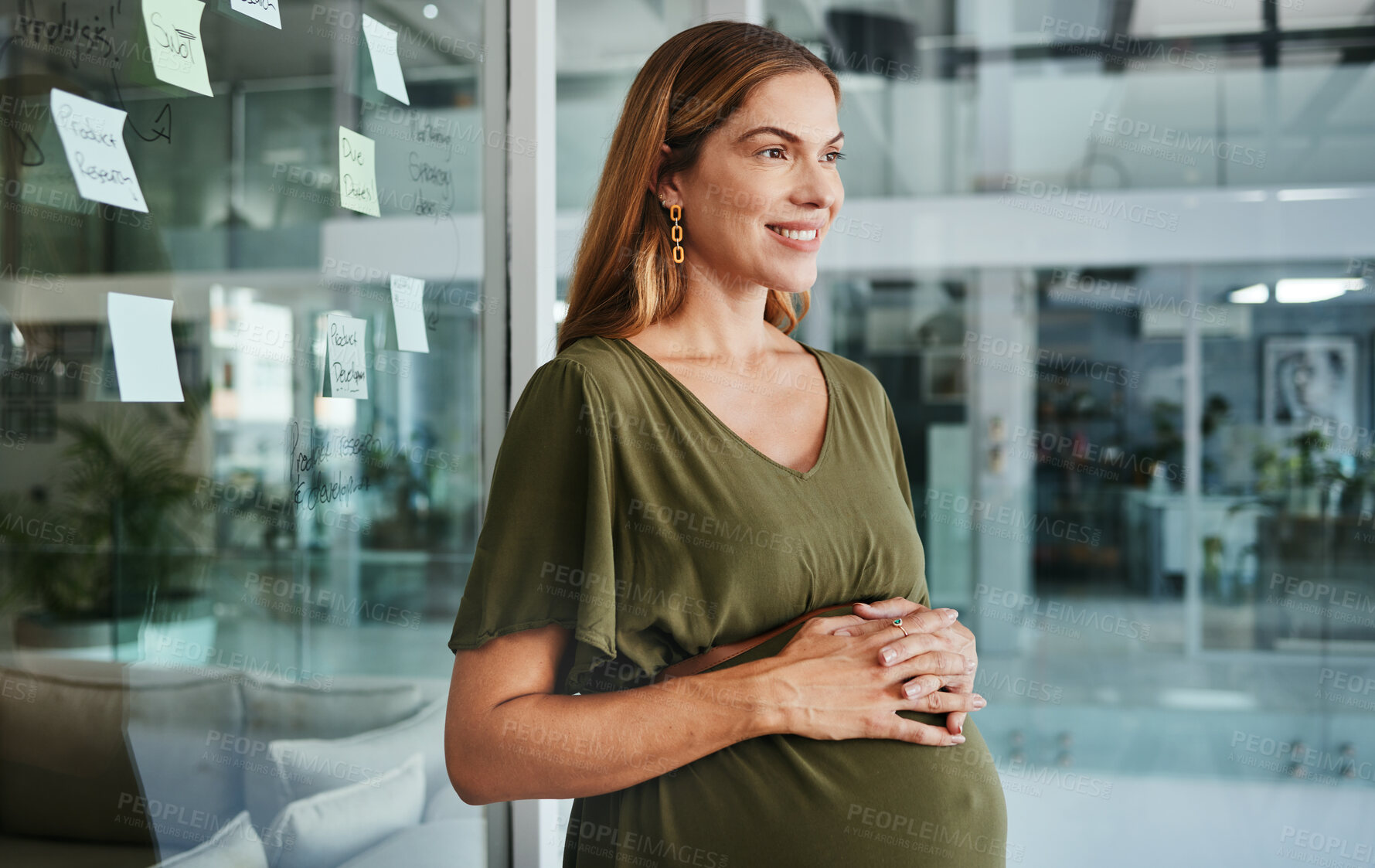 Buy stock photo Woman, pregnancy and office by glass board for thinking, ideas and inspiration with business for goals. Entrepreneur, brainstorming and problem solving for solution, process and smile in workplace