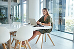 Business woman, laptop and typing with office, thinking and vision for problem solving, accounting or strategy. Entrepreneur, computer and ideas with click, trading or brainstorming at finance agency