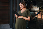 Pregnant, woman and happy reading with tablet, learning and mother planning with internet research. Pregnancy, ebook or check information on baby, birth or maternity knowledge on health or wellness  