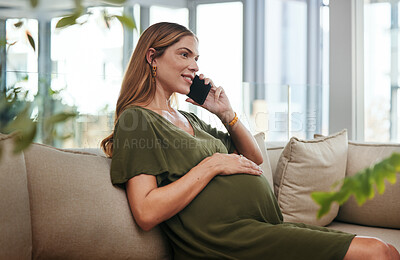 Buy stock photo Phone call, relax and pregnant woman on a sofa in the living room of modern apartment for communication. Technology, smile and young female person with pregnancy on mobile conversation with cellphone