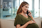 Phone call, smile and pregnant woman on a sofa in the living room of modern apartment for communication. Technology, relax and young female person with pregnancy on mobile conversation with cellphone