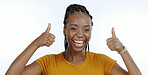 Woman, portrait and hands with thumbs up to vote, success and white background in studio closeup. Black person, announcement and smile in positive review with yes, feedback and thank you to support

