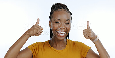 Buy stock photo Woman, portrait and hands with thumbs up to vote, success and white background in studio. Black person, win announcement and smile in positive review with yes, feedback and thank you to support

