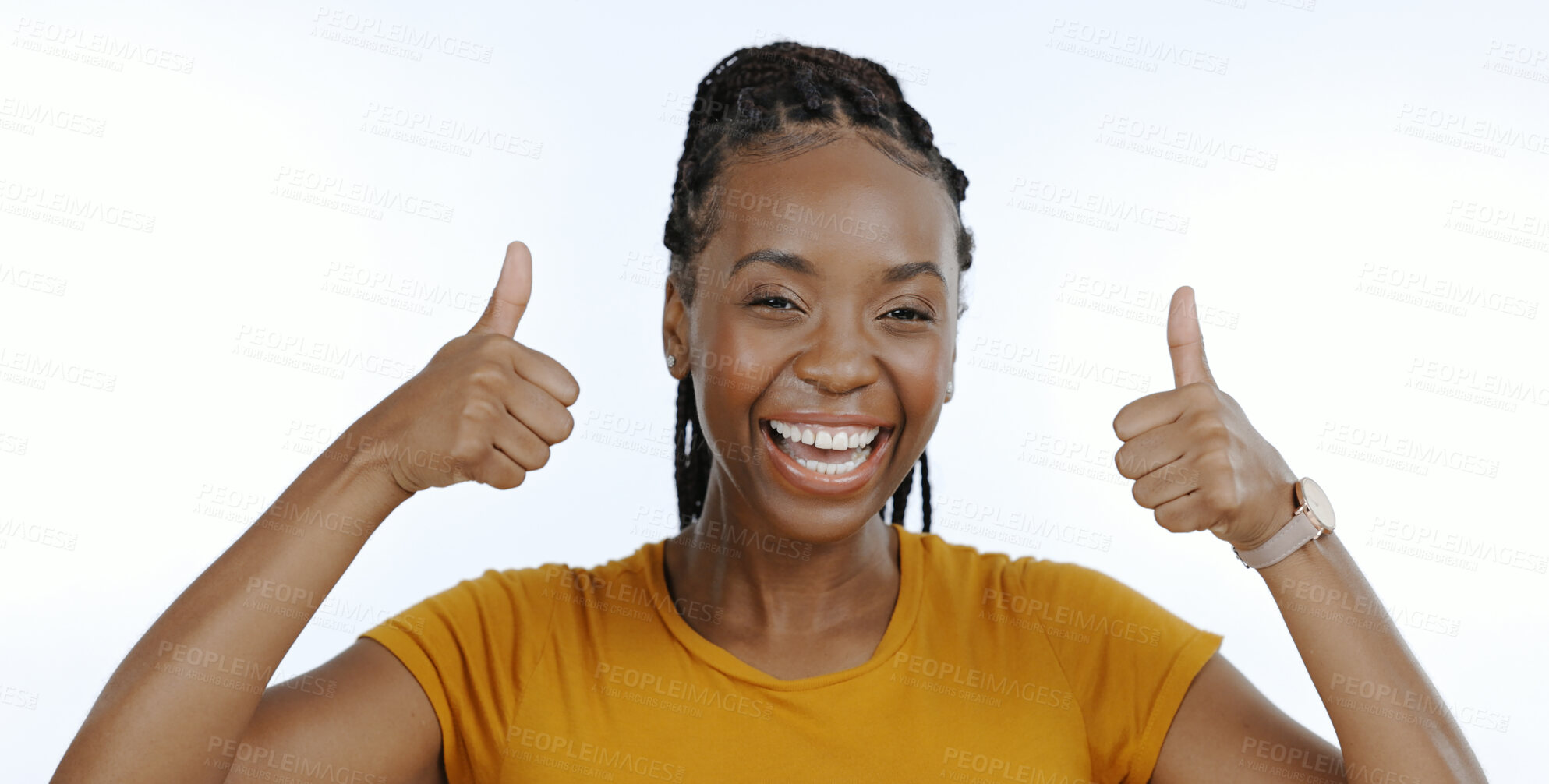Buy stock photo Woman, portrait and hands with thumbs up to vote, success and white background in studio. Black person, win announcement and smile in positive review with yes, feedback and thank you to support

