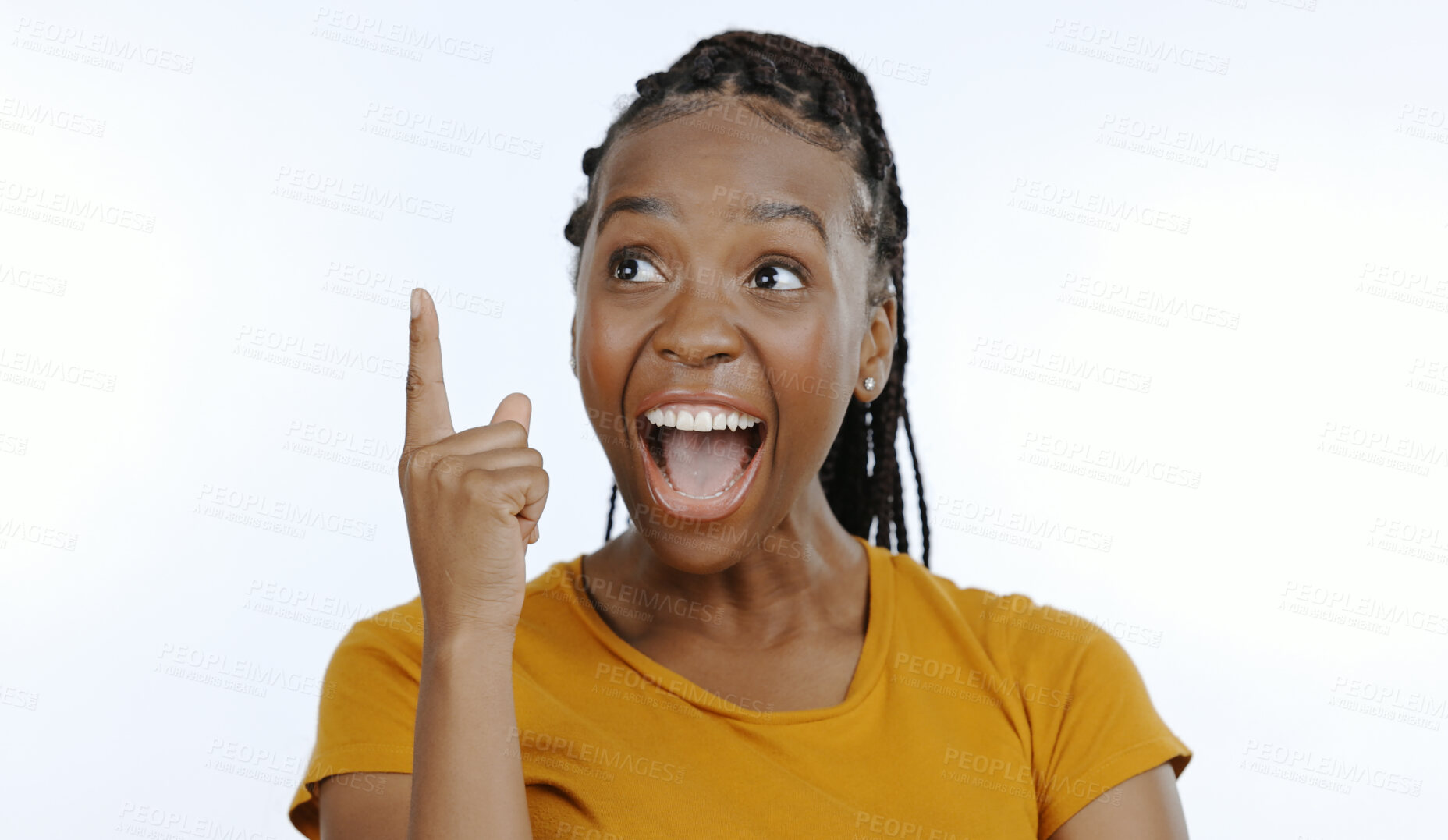 Buy stock photo Hand, idea and aha with an excited black woman in studio on a white background for a eureka moment. Face, wow and finger with a happy young person looking surprised by a solution or conclusion