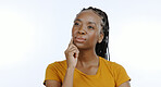 Woman, hands and thinking with idea or mindset, decision and doubt on face in studio. Black person, strategy and planning with question for confused, problem solving and close up by white background