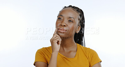 Buy stock photo Woman, hands and thinking with idea or serious, decision and doubt on face in studio. Black person, strategy and planning with question for confused, problem solving and  white background in mockup