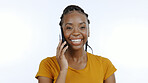 Woman, portrait and phone call communication in studio for discussion, conversation and gossip on white background. Happy african model, smartphone and chat to contact, social networking and talking