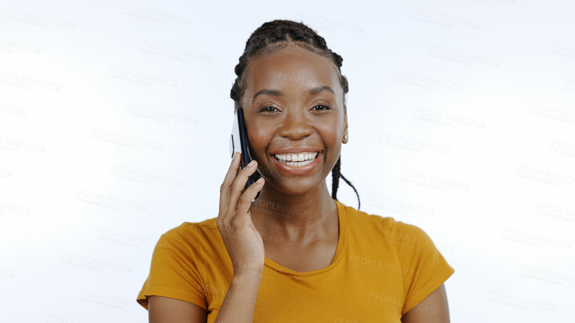 Buy stock photo Woman, portrait and phone call communication in studio for discussion, conversation and gossip on white background. Happy african model, smartphone and chat to contact, social networking and talking