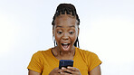 Woman, smartphone or winner notification of success with technology, gen z aesthetic and white background. Black person, smile or digital news on cellphone, competition announcement or studio closeup