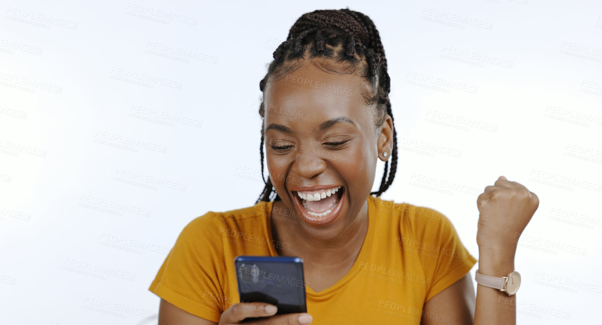 Buy stock photo Phone, black woman and happy fist for success, celebration or achievement and winner for giveaway in studio on white background. Excited, prize and person with smartphone celebrate winning lottery