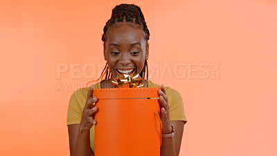 Buy stock photo Birthday, present and black woman with surprise, box or gift in studio background or celebration. Wow, congratulations and excited winner of giveaway, package or product on offer for party and event