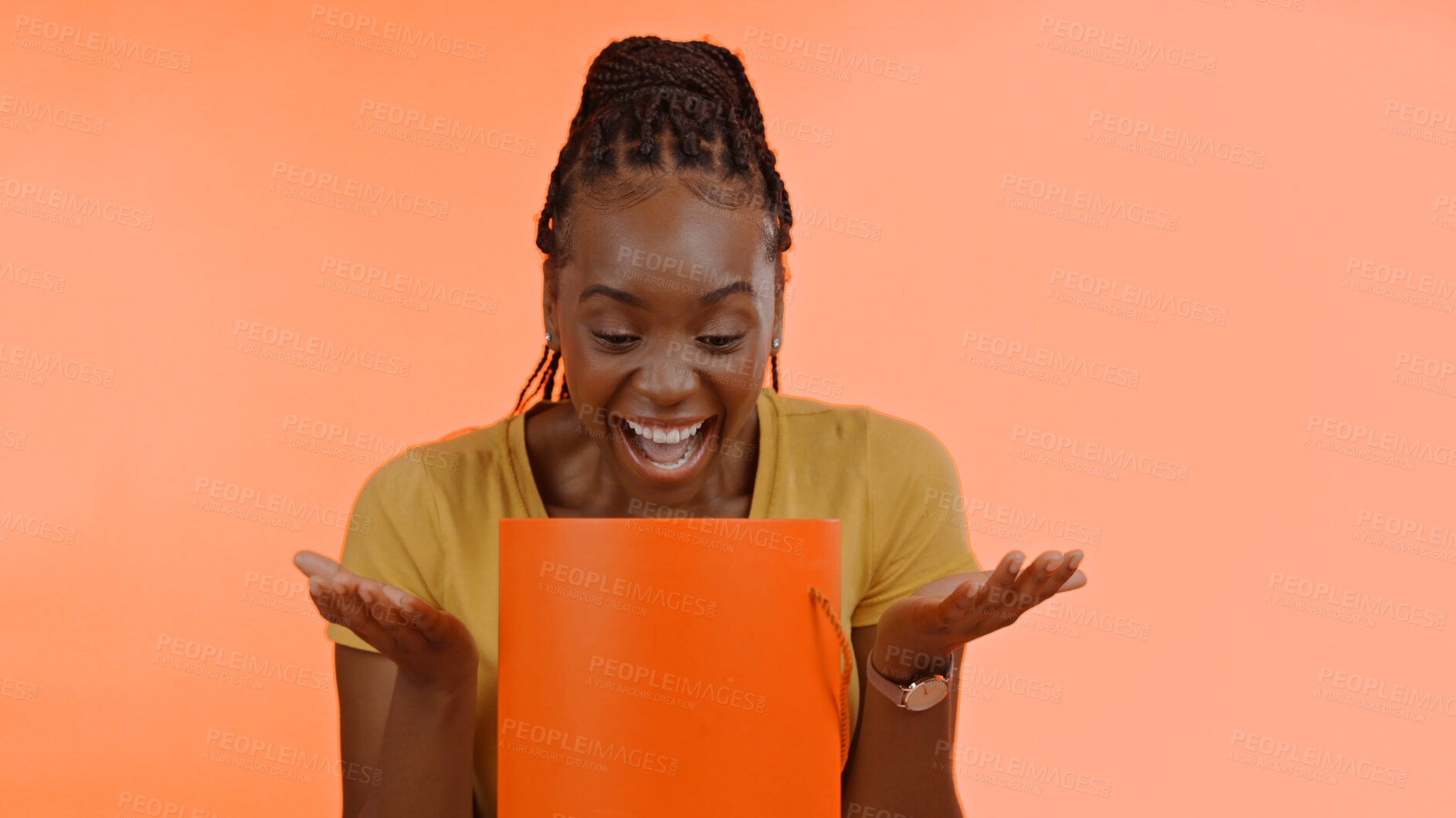 Buy stock photo Unboxing, present and black woman with birthday, surprise and box in studio background or celebration. Wow, congratulations and excited winner of giveaway, package and open box with happiness