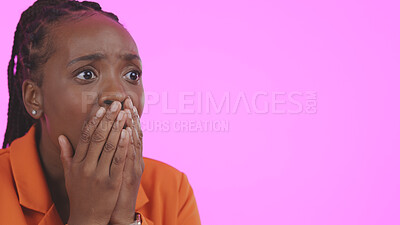 Buy stock photo Woman, hands and face with horror news with fear emoji, wow and scared in studio by pink background. Black model, confused and terror with secret information in anxiety, gossip and mistake in mockup 