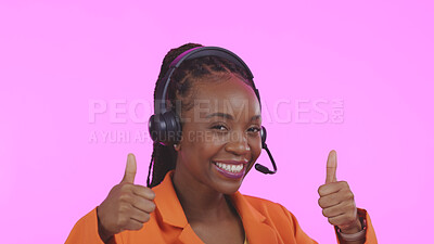 Buy stock photo Business woman, call center and thumbs up for communication, happy sales and customer service on pink background. Portrait of African consultant or agent, yes and like emoji for contact us in studio