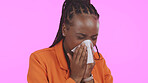 Black woman, blowing nose and sick with allergies, sneezing and sinus infection with health on pink background. Hay fever, wellness and toilet paper, medical condition with illness or virus in studio