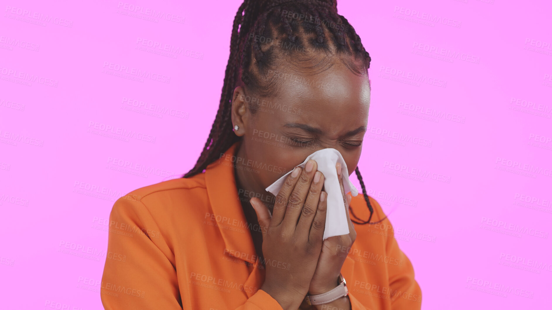 Buy stock photo Black woman, blowing nose and sick with allergies, sneezing and sinus infection with health on pink background. Hay fever, wellness and toilet paper, medical condition with illness or virus in studio