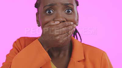 Buy stock photo Black woman, hand over mouth with shock or surprise, drama or secret news with gossip isolated on pink background. Wow reaction for info, expression in portrait and alarm with fear in a studio 