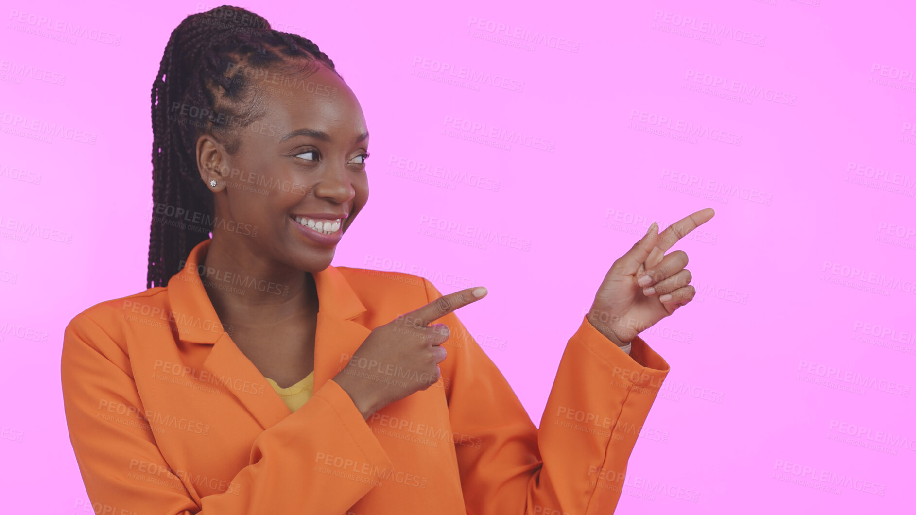 Buy stock photo Black woman, pointing and advertising presentation with information or news, smile with presenter on pink background. Mockup, launch announcement with marketing  ads and coming soon in a studio