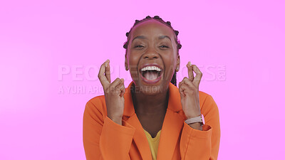 Buy stock photo Woman, winner and fingers crossed for happy, excited and face for good luck, purple studio background or wow. Energy, winning or hope for achievement, competition and wish to win, surprise or offer