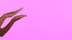 Hands, beauty and mockup with a person on a pink background in studio for advertising or marketing. Skincare, banner and space with a model closeup on a color wall for a salon or spa manicure
