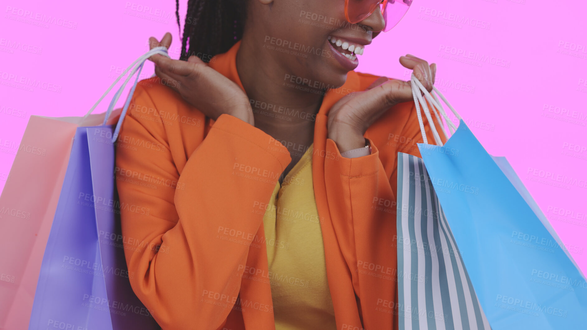 Buy stock photo Woman, happy with shopping bag and retail, commerce and fashion, sale or store discount on pink background. Customer with purchase, market and luxury with service, excited about savings in studio